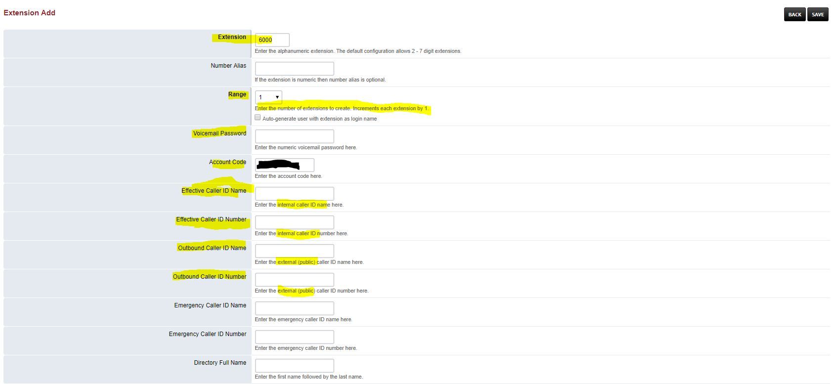 FusionPBX Extension configuration