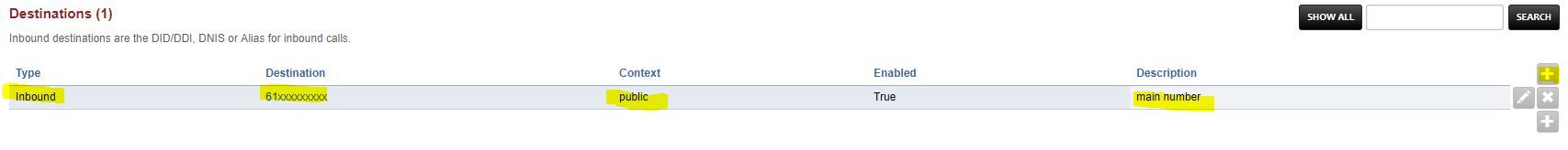 FusionPBX Destinations menu