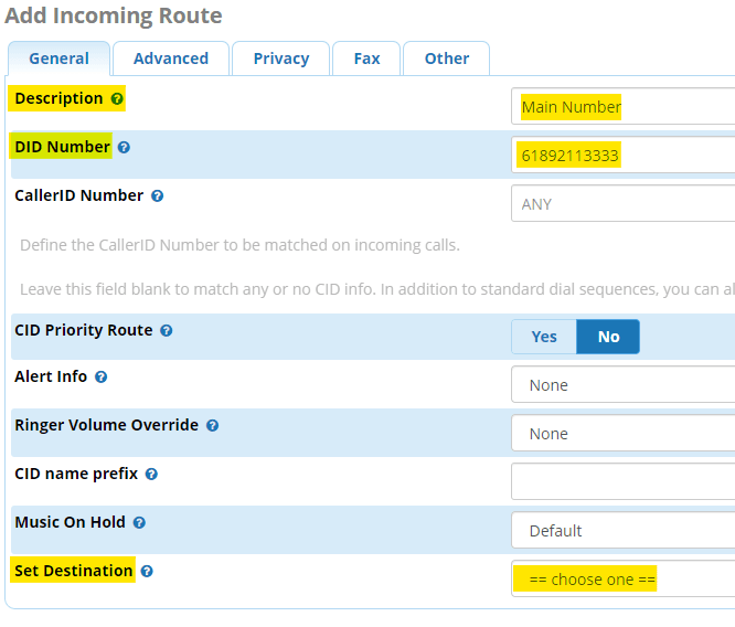 FreePBX DID-specific inbound route