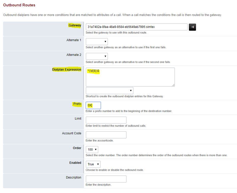 FusionPBX Outbound Route configuration