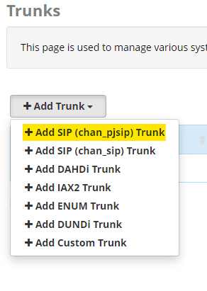 FreePBX Add SIP trunk dropdown