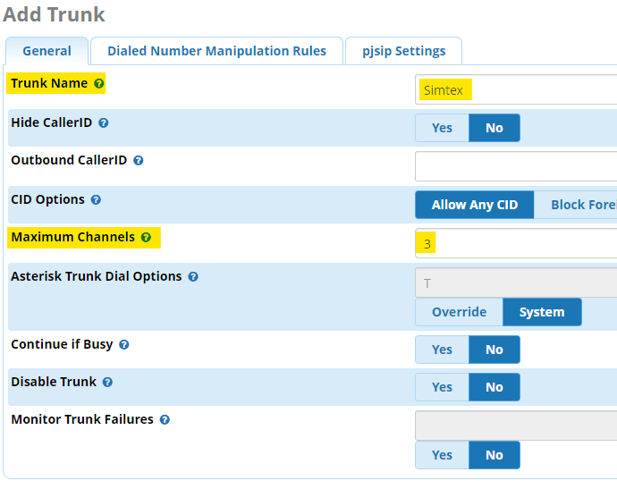 FreePBX SIP trunk general settings
